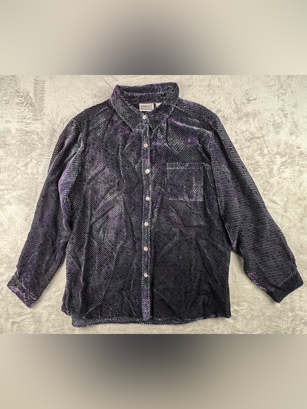 VTG Chicos Velvet Burnout Shirt Black Purple Button Up XL Whimsigoth 90s Silk